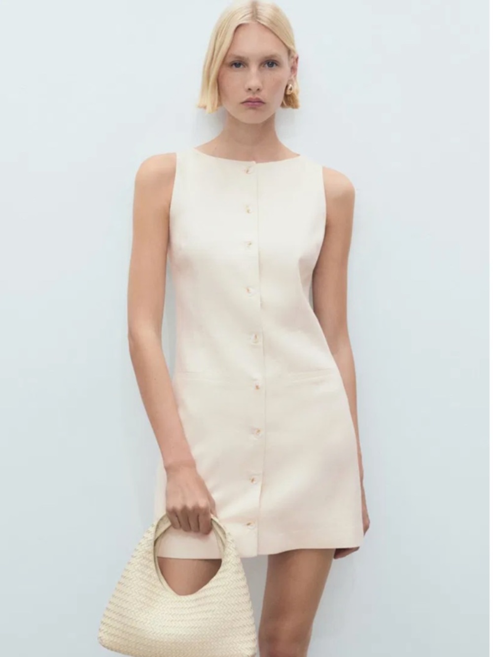 MANGO • Short Button-Down Linen-Blend Dress Cream